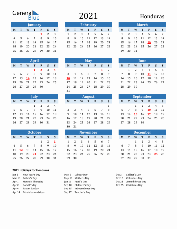 Printable Calendar 2021 with Honduras Holidays (Monday Start)