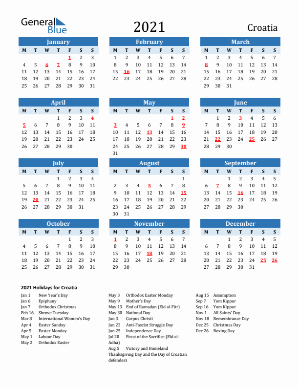Printable Calendar 2021 with Croatia Holidays (Monday Start)