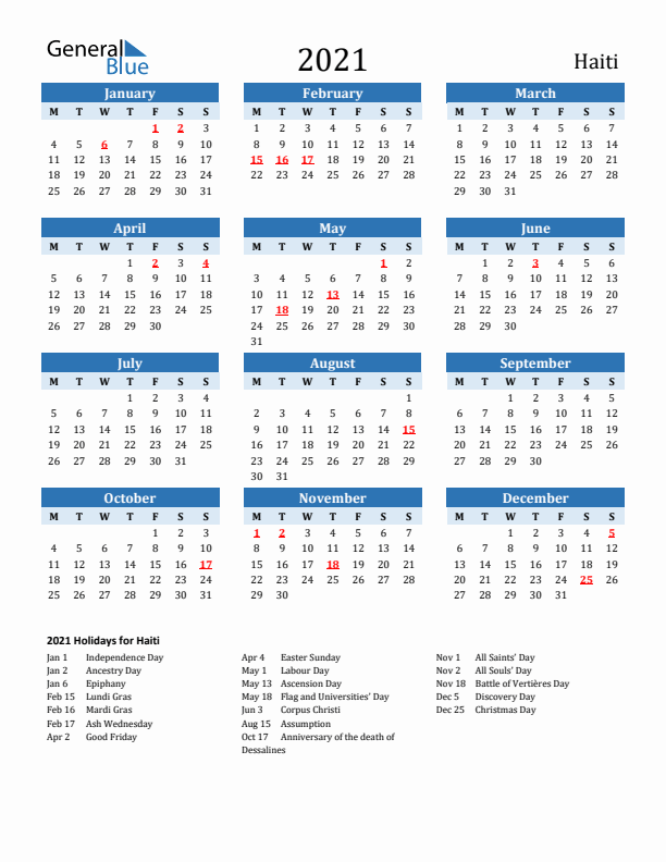 Printable Calendar 2021 with Haiti Holidays (Monday Start)
