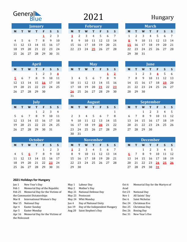 Printable Calendar 2021 with Hungary Holidays (Monday Start)
