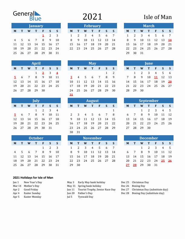 Printable Calendar 2021 with Isle of Man Holidays (Monday Start)