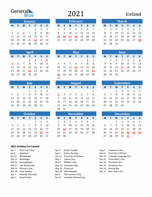 Printable Calendar 2021 with Iceland Holidays (Monday Start)