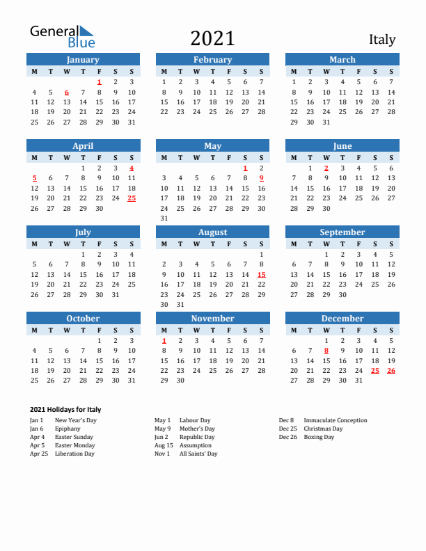 Printable Calendar 2021 with Italy Holidays (Monday Start)