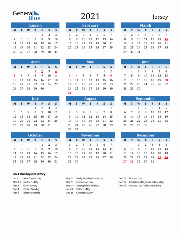 Printable Calendar 2021 with Jersey Holidays (Monday Start)