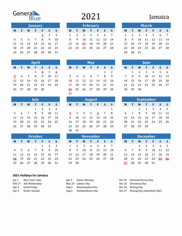 Printable Calendar 2021 with Jamaica Holidays (Monday Start)