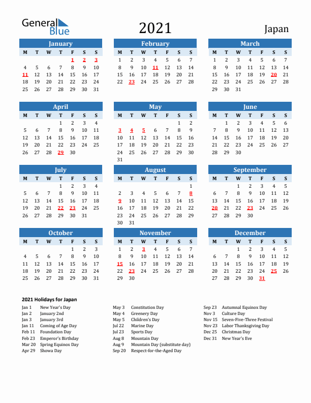 Printable Calendar 2021 with Japan Holidays (Monday Start)