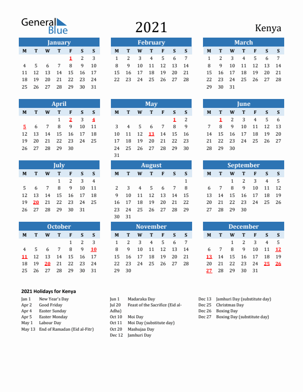 Printable Calendar 2021 with Kenya Holidays (Monday Start)