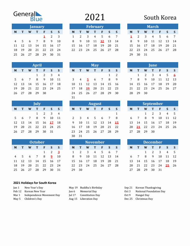 Printable Calendar 2021 with South Korea Holidays (Monday Start)