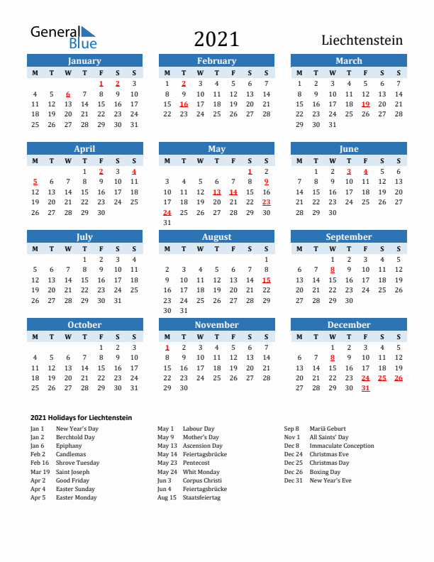 Printable Calendar 2021 with Liechtenstein Holidays (Monday Start)