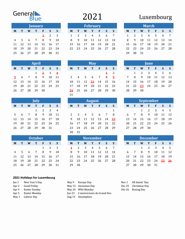 Printable Calendar 2021 with Luxembourg Holidays (Monday Start)