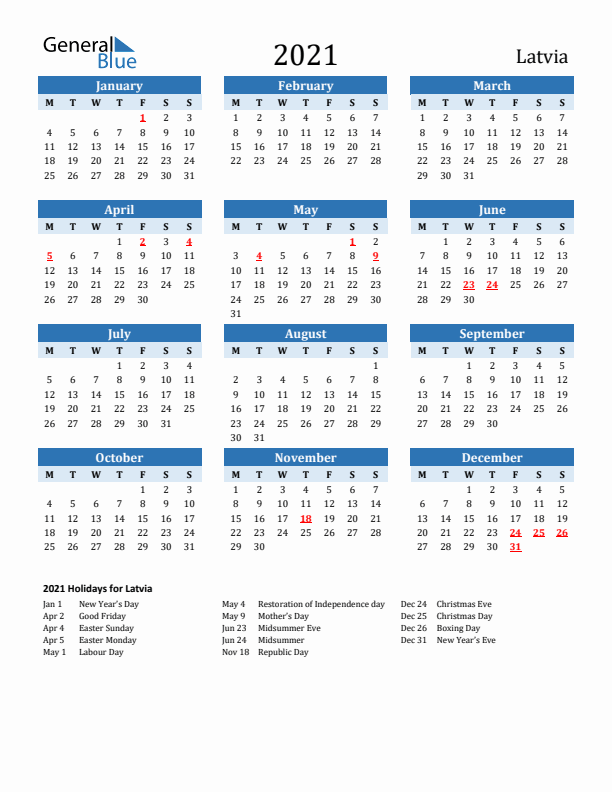 Printable Calendar 2021 with Latvia Holidays (Monday Start)