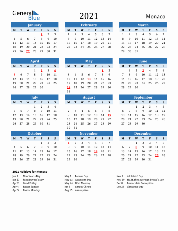 Printable Calendar 2021 with Monaco Holidays (Monday Start)
