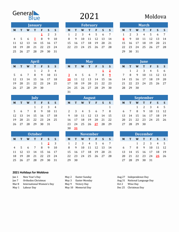 Printable Calendar 2021 with Moldova Holidays (Monday Start)