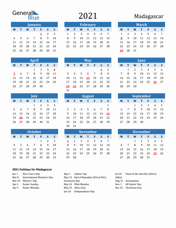 Printable Calendar 2021 with Madagascar Holidays (Monday Start)