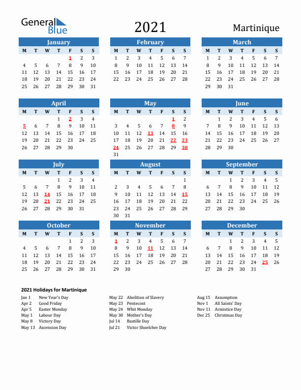 Printable Calendar 2021 with Martinique Holidays (Monday Start)