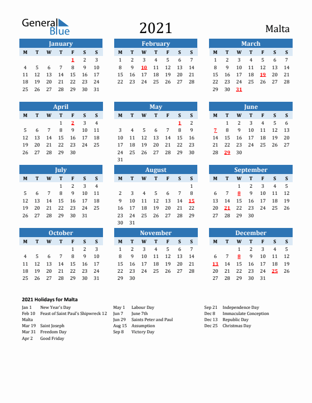 Printable Calendar 2021 with Malta Holidays (Monday Start)
