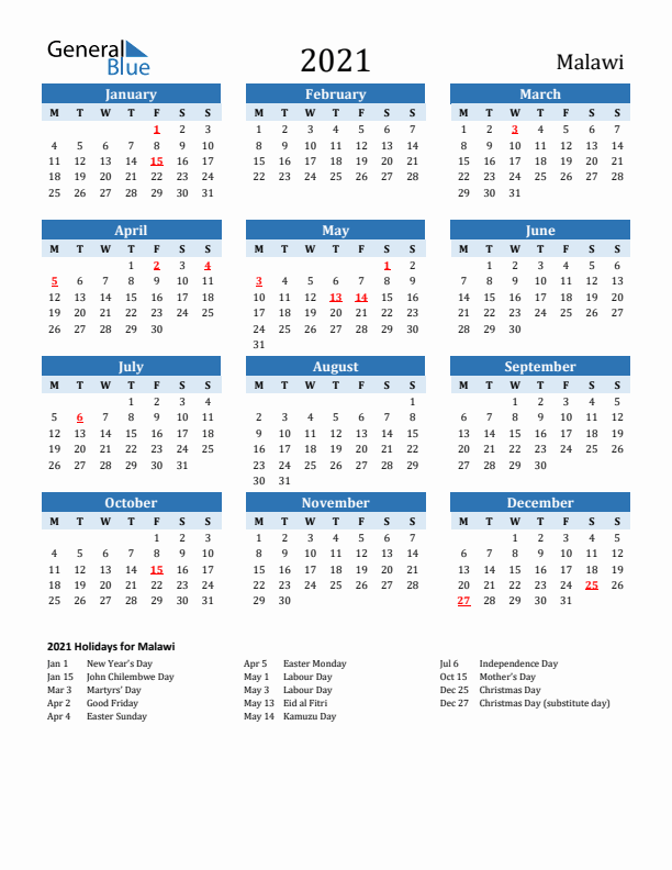 Printable Calendar 2021 with Malawi Holidays (Monday Start)