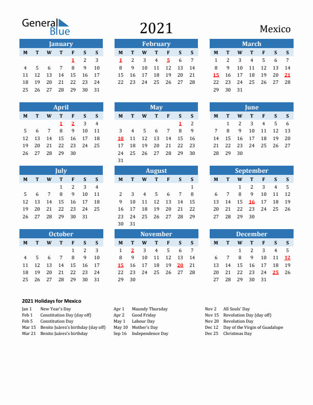 Printable Calendar 2021 with Mexico Holidays (Monday Start)