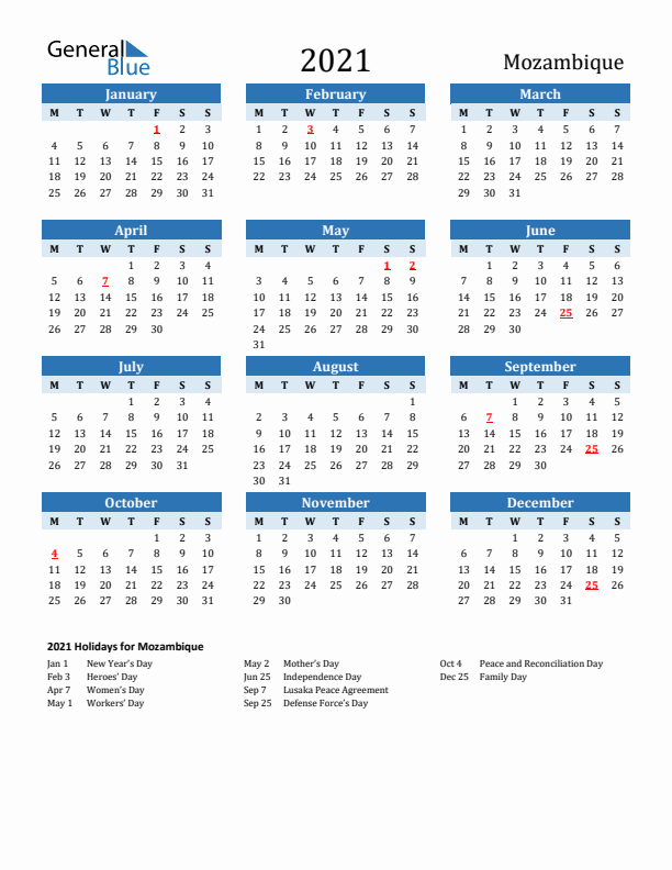 Printable Calendar 2021 with Mozambique Holidays (Monday Start)