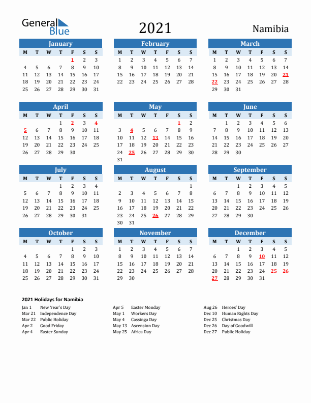Printable Calendar 2021 with Namibia Holidays (Monday Start)
