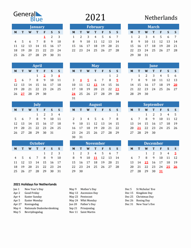Printable Calendar 2021 with The Netherlands Holidays (Monday Start)