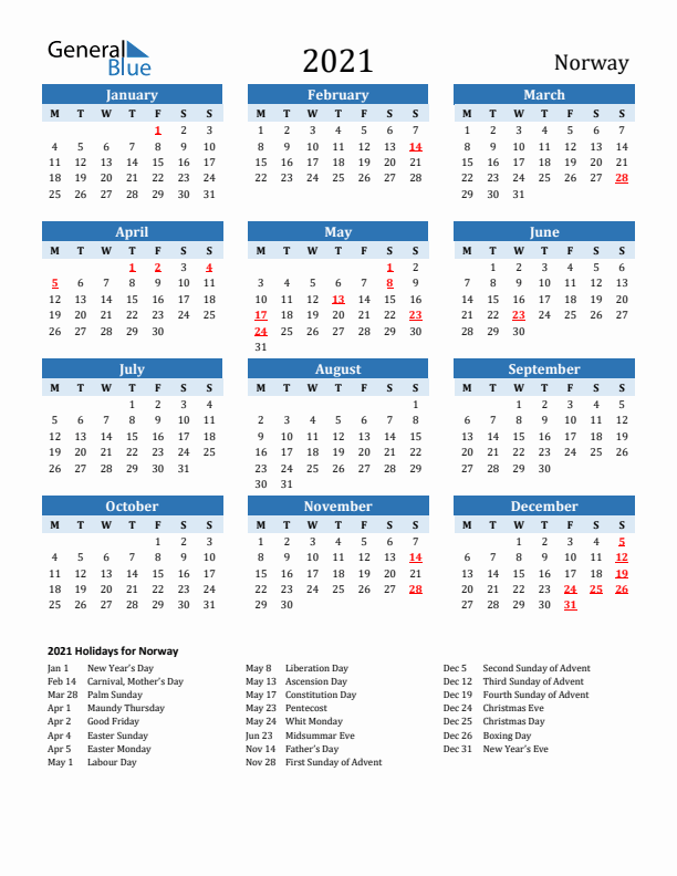 Printable Calendar 2021 with Norway Holidays (Monday Start)