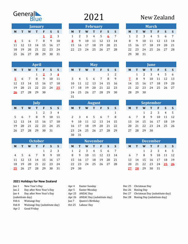 Printable Calendar 2021 with New Zealand Holidays (Monday Start)
