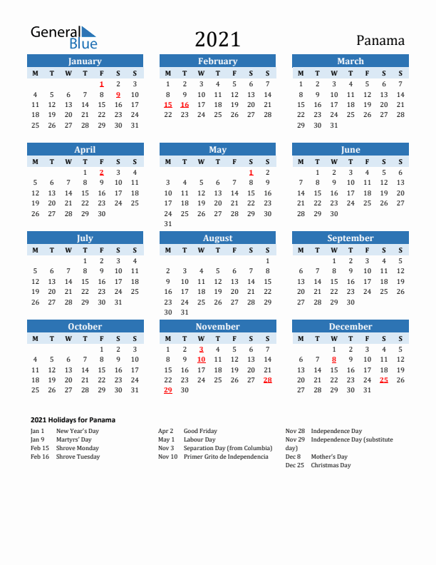 Printable Calendar 2021 with Panama Holidays (Monday Start)