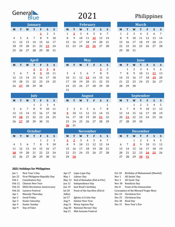 Printable Calendar 2021 with Philippines Holidays (Monday Start)