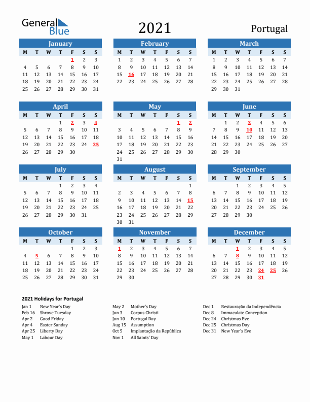 Printable Calendar 2021 with Portugal Holidays (Monday Start)