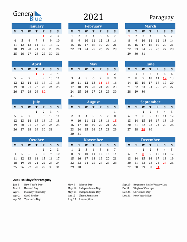 Printable Calendar 2021 with Paraguay Holidays (Monday Start)