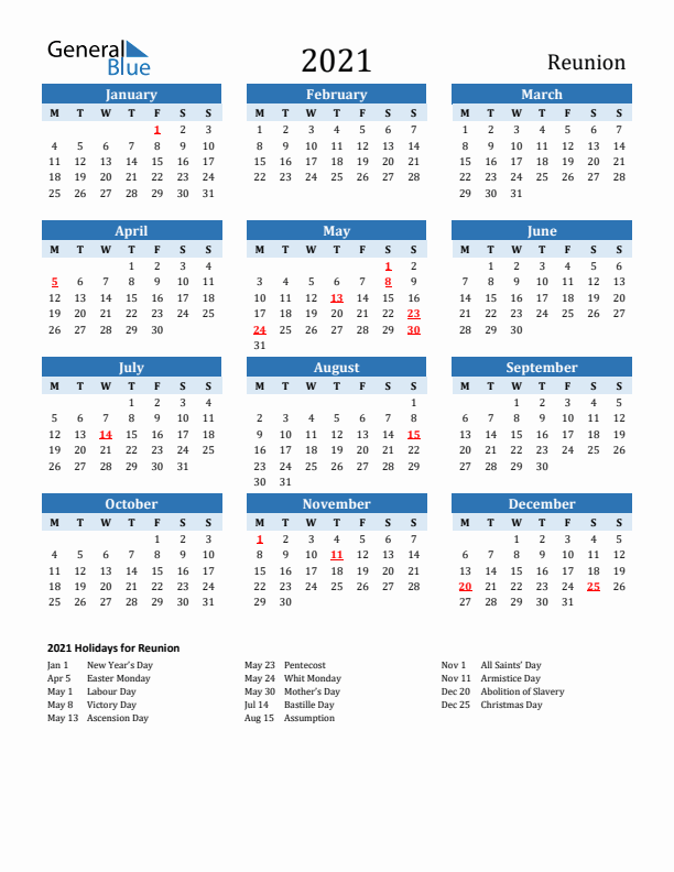 Printable Calendar 2021 with Reunion Holidays (Monday Start)