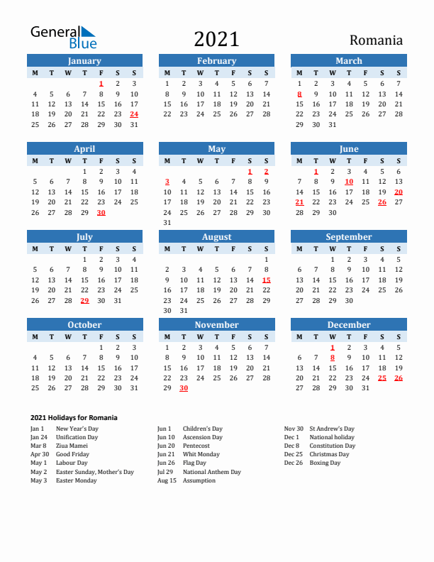 Printable Calendar 2021 with Romania Holidays (Monday Start)