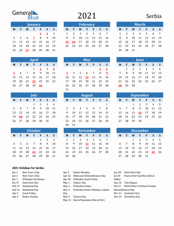 Printable Calendar 2021 with Serbia Holidays (Monday Start)