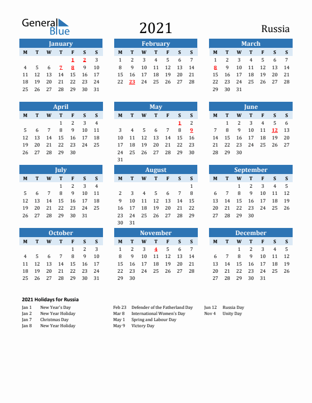 Printable Calendar 2021 with Russia Holidays (Monday Start)