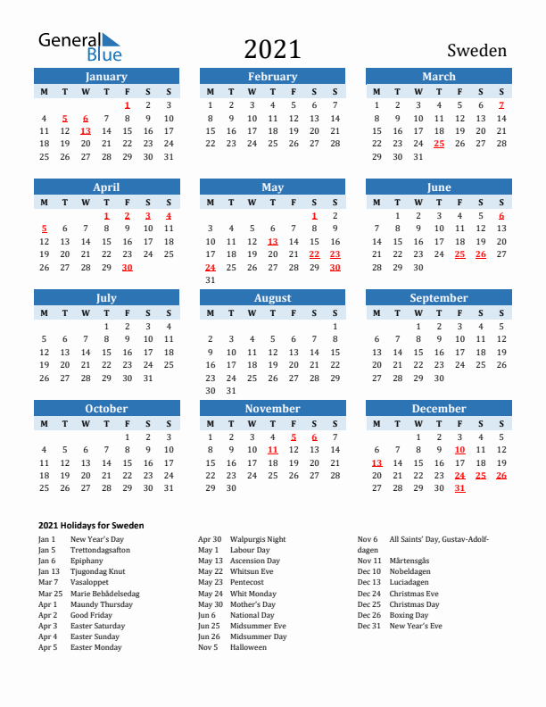 Printable Calendar 2021 with Sweden Holidays (Monday Start)