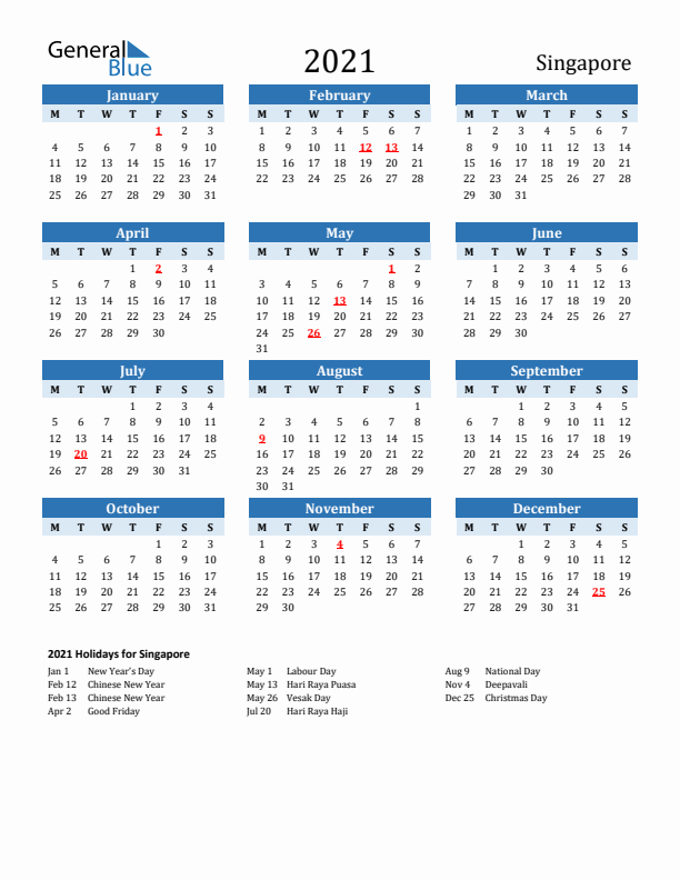 Printable Calendar 2021 with Singapore Holidays (Monday Start)