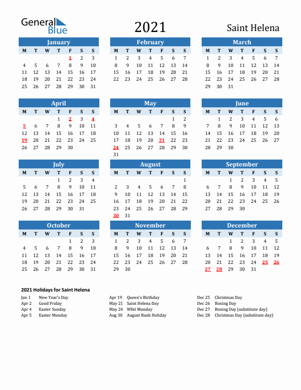 Printable Calendar 2021 with Saint Helena Holidays (Monday Start)