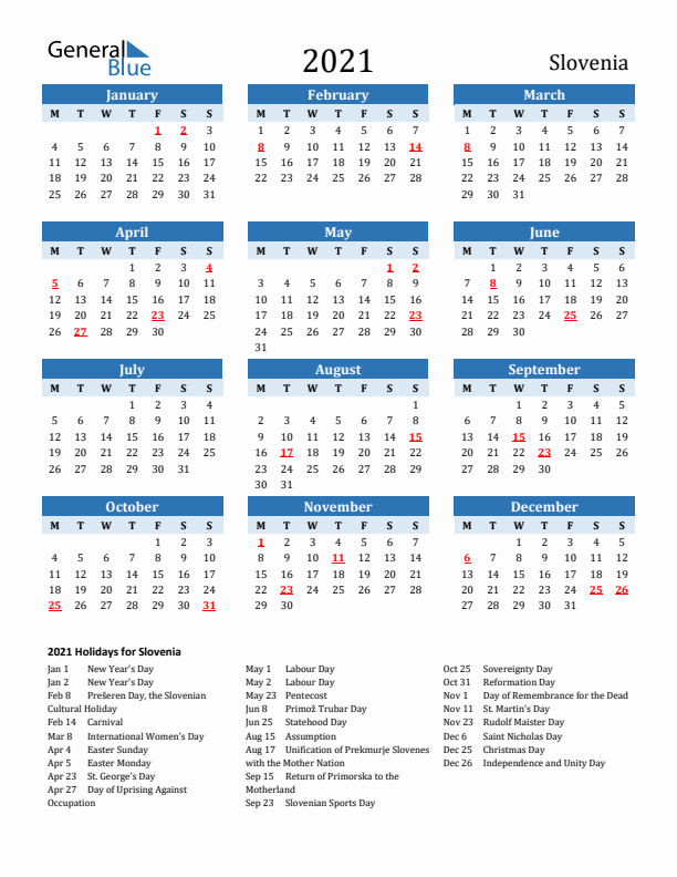 Printable Calendar 2021 with Slovenia Holidays (Monday Start)