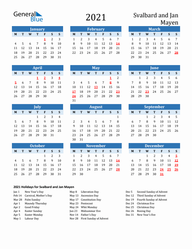 Printable Calendar 2021 with Svalbard and Jan Mayen Holidays (Monday Start)
