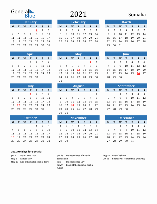 Printable Calendar 2021 with Somalia Holidays (Monday Start)