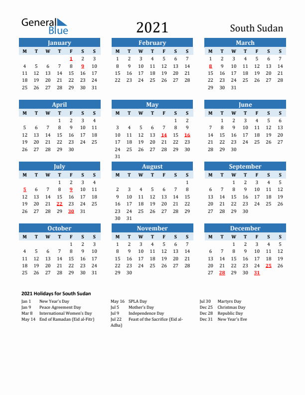 Printable Calendar 2021 with South Sudan Holidays (Monday Start)