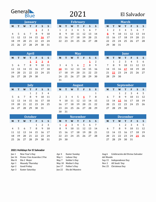 Printable Calendar 2021 with El Salvador Holidays (Monday Start)
