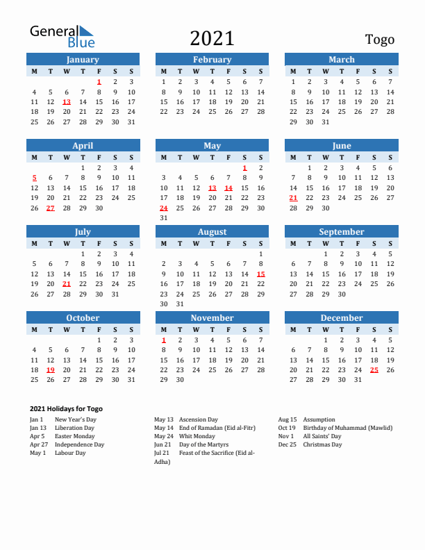 Printable Calendar 2021 with Togo Holidays (Monday Start)