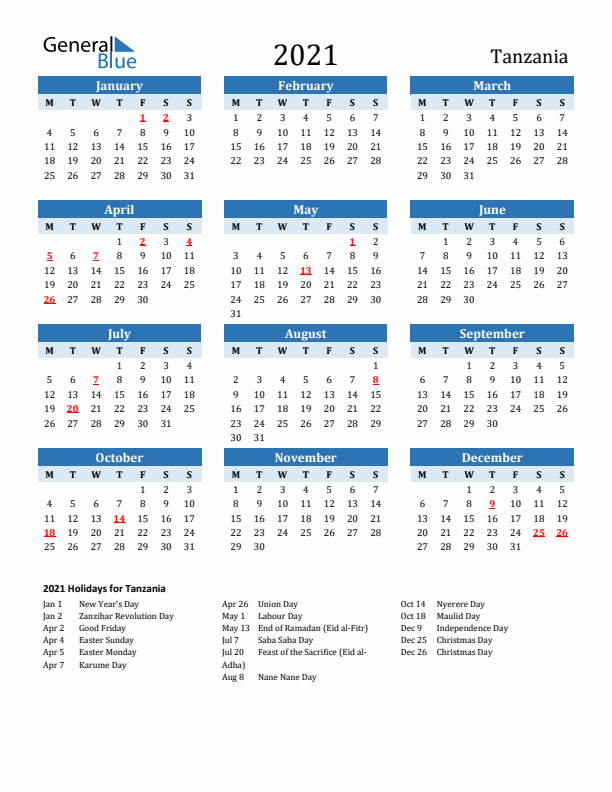 Printable Calendar 2021 with Tanzania Holidays (Monday Start)