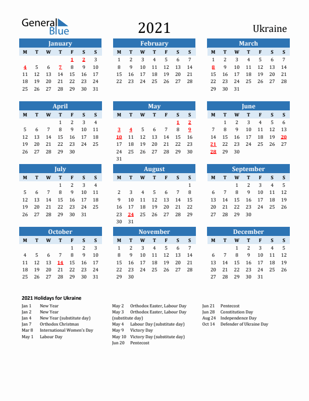Printable Calendar 2021 with Ukraine Holidays (Monday Start)