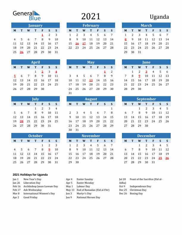 Printable Calendar 2021 with Uganda Holidays (Monday Start)