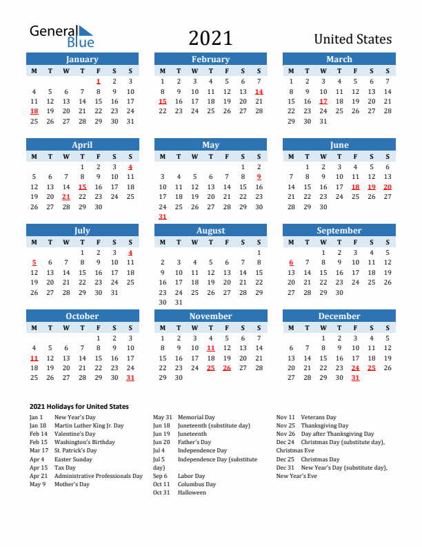 Printable Calendar 2021 with United States Holidays (Monday Start)