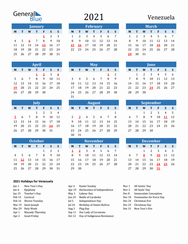 Printable Calendar 2021 with Venezuela Holidays (Monday Start)