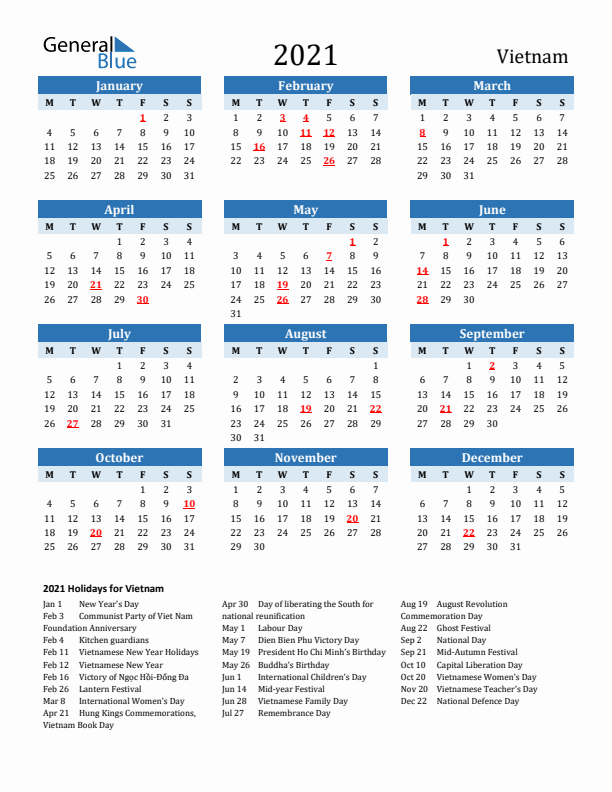 Printable Calendar 2021 with Vietnam Holidays (Monday Start)